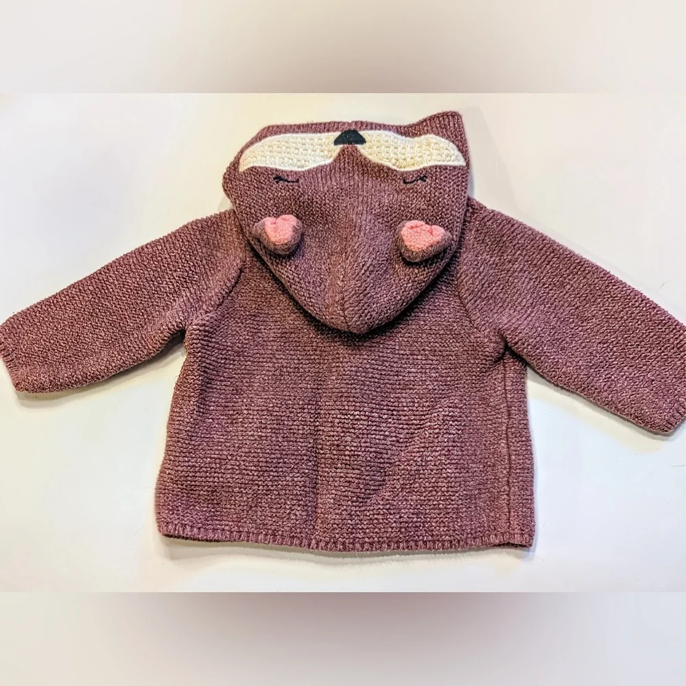 Baby Gap Plum Knit Cardigan size 3-6 Animal Face Hood
